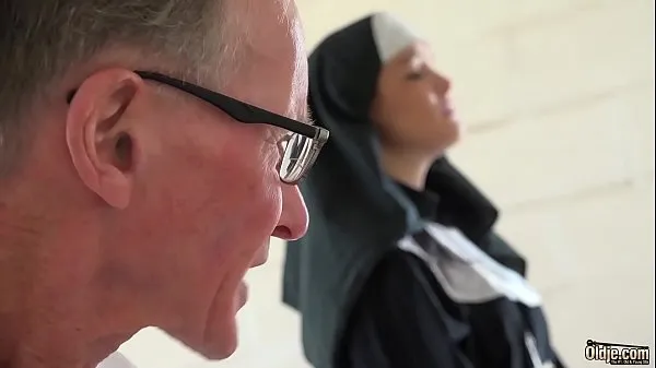 Sexy young nun has sex for the first time with a grandpa in the confessional